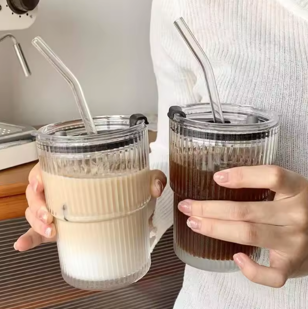 Tasse en verre à rayures créatives, verres avec couvercle et paille, tasse à café, tasse à thé, tasse à jus, tasse à lait, tasse à eau