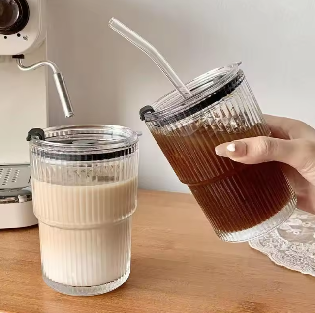 Tasse en verre à rayures créatives, verres avec couvercle et paille, tasse à café, tasse à thé, tasse à jus, tasse à lait, tasse à eau