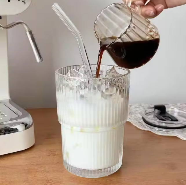 Tasse en verre à rayures créatives, verres avec couvercle et paille, tasse à café, tasse à thé, tasse à jus, tasse à lait, tasse à eau