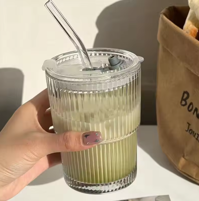 Tasse en verre à rayures créatives, verres avec couvercle et paille, tasse à café, tasse à thé, tasse à jus, tasse à lait, tasse à eau
