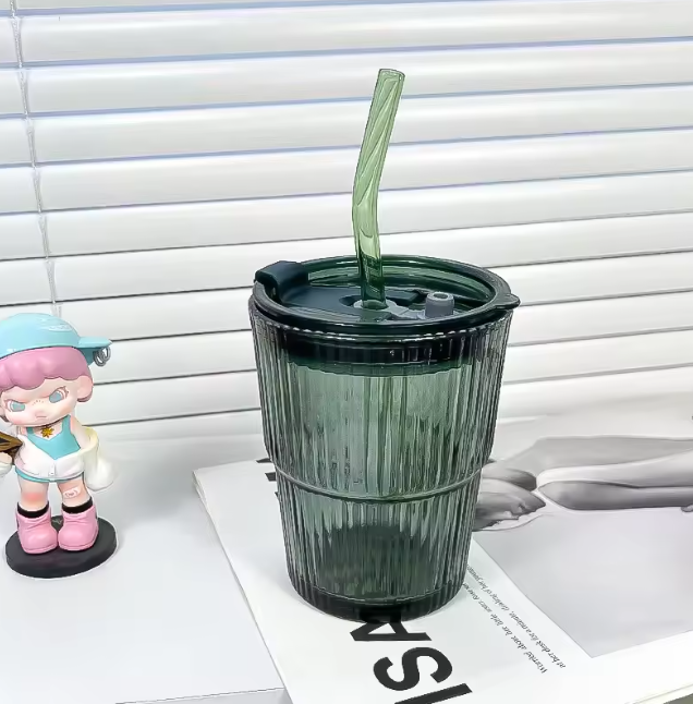 Tasse en verre à rayures créatives, verres avec couvercle et paille, tasse à café, tasse à thé, tasse à jus, tasse à lait, tasse à eau