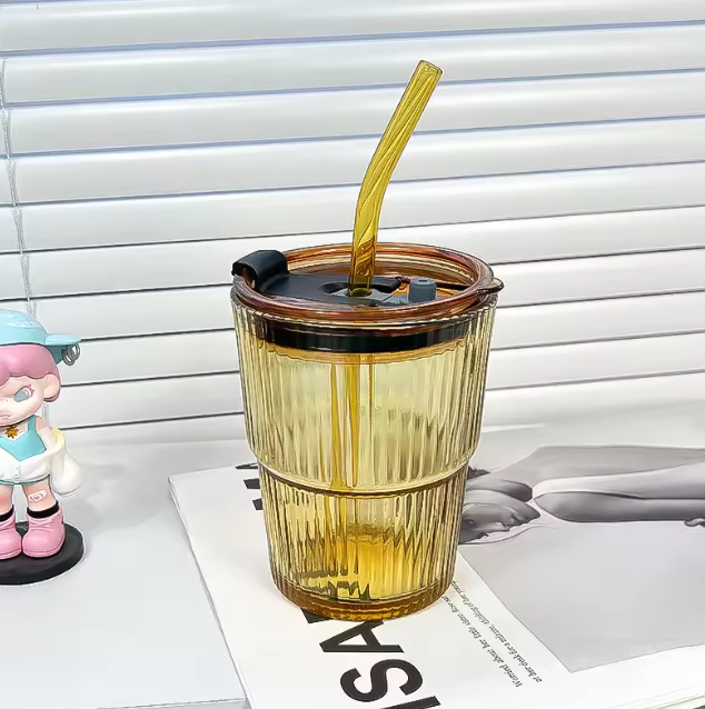 Tasse en verre à rayures créatives, verres avec couvercle et paille, tasse à café, tasse à thé, tasse à jus, tasse à lait, tasse à eau