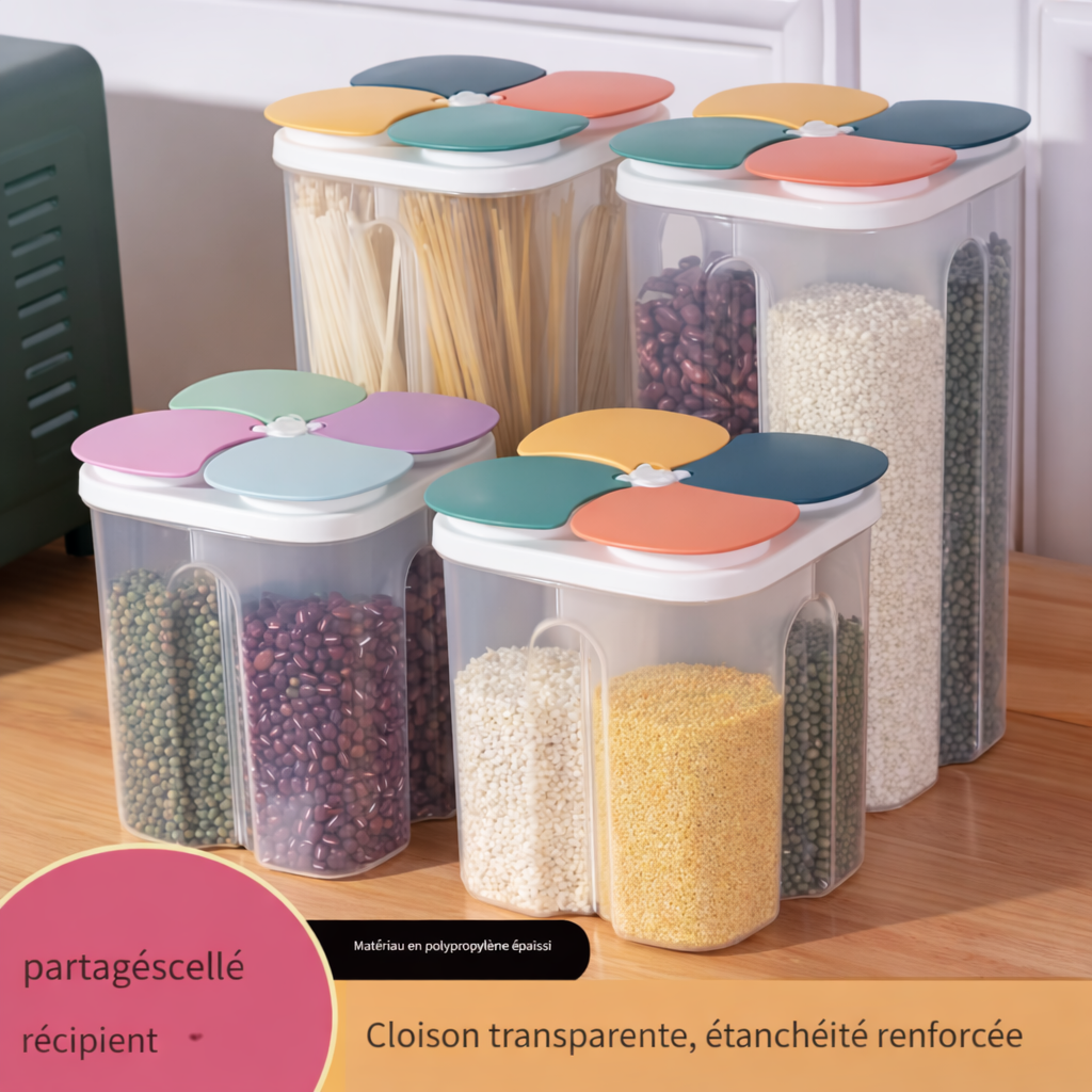 Lot de 4 boîtes alimentaires hermétiques avec séparations – Rangement sec, cuisine organisée