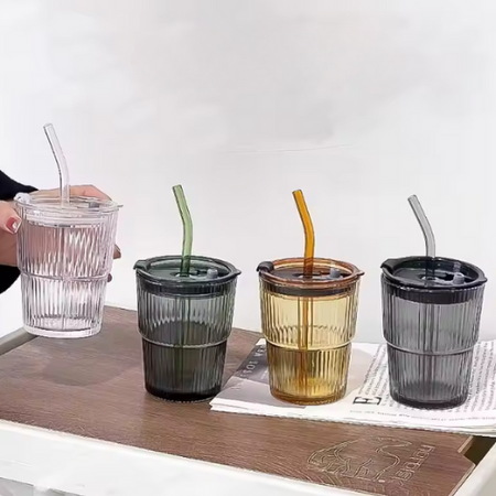 Tasse en verre à rayures créatives, verres avec couvercle et paille, tasse à café, tasse à thé, tasse à jus, tasse à lait, tasse à eau